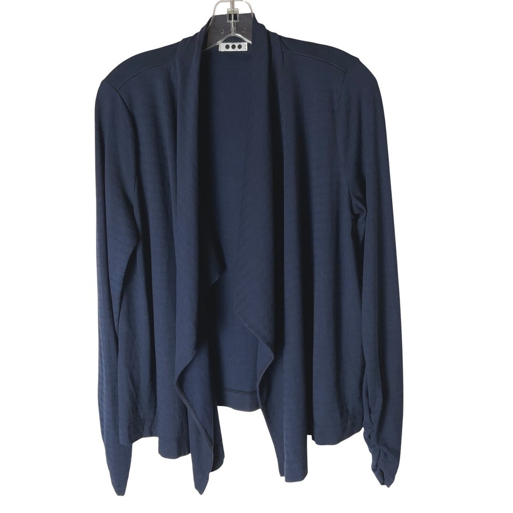 Three Dots Cardigan Cotton Draped Open Front Waterfall Striped Navy Size Large